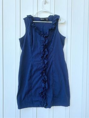 Metrostyle Womens Plus Size 20 Navy Blue Pinstripe Ruffle Sheath Dress Stretch